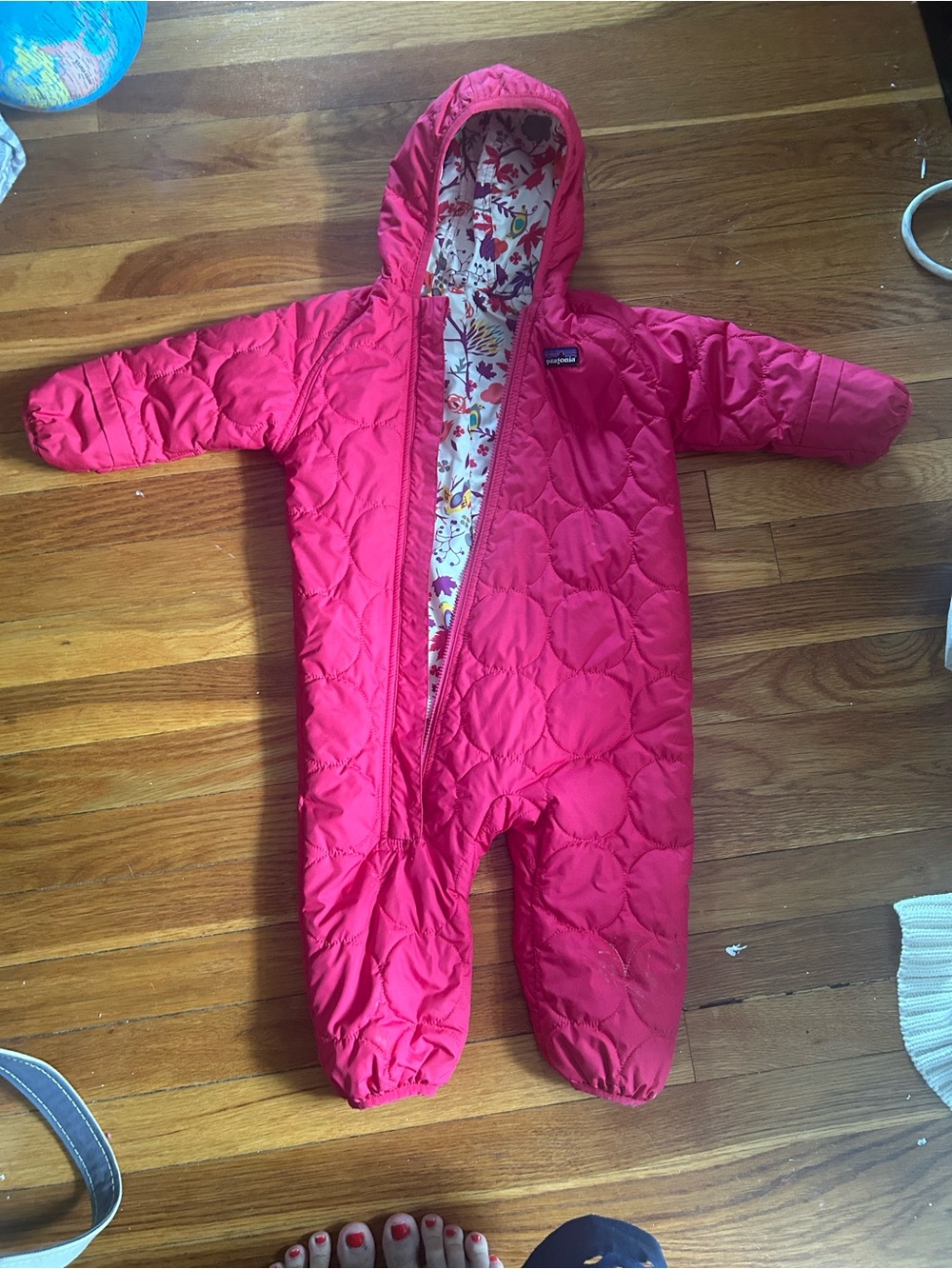 Patagonia Bright Pink Quilted Hooded One-Piece Snowsuit with Floral Lining